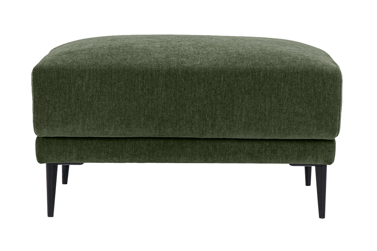 Pouf repose pieds rectangulaire en tissu vert kaki avec pieds en m�tal noir, vue de face
