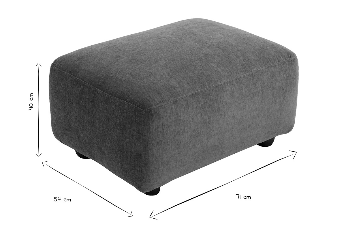 Dimensions du pouf JOYA en noir et blanc : 40 cm de hauteur, 54 cm de largeur, 71 cm de profondeur.