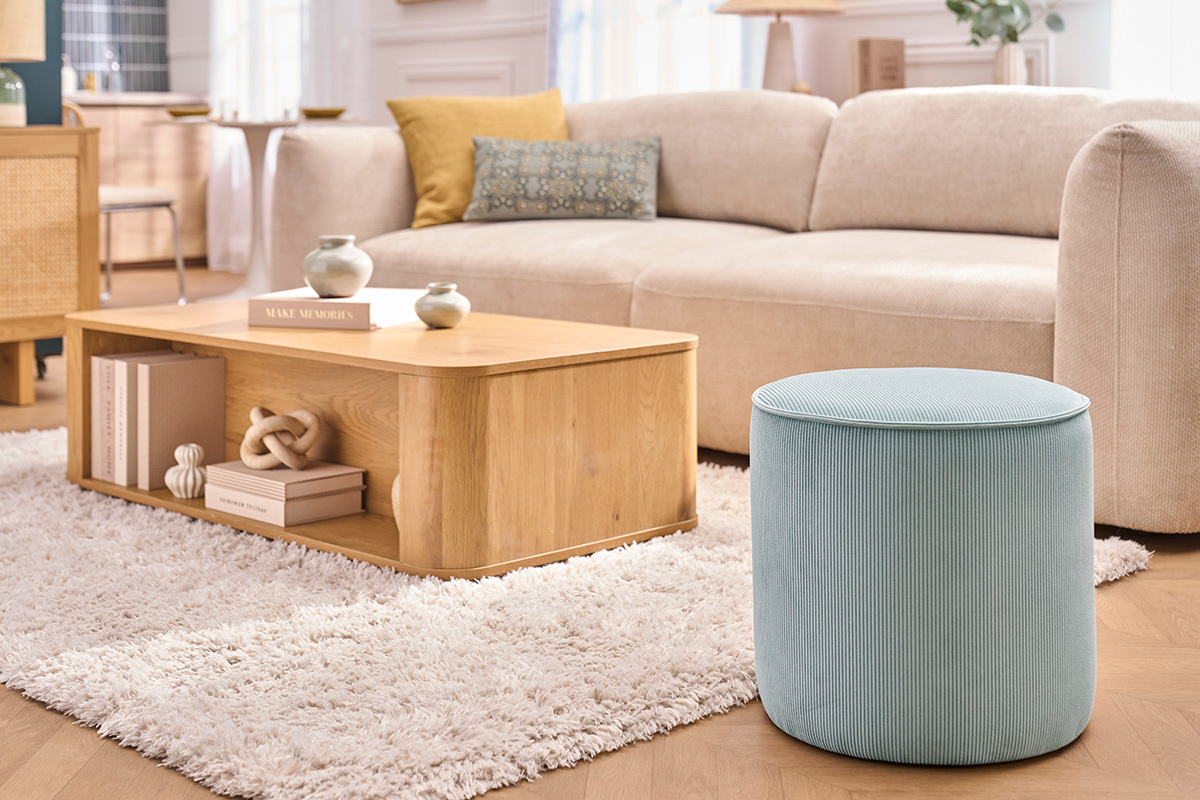 Pouf rond en velours c�tel� bleu gris� D40 cm PAUL