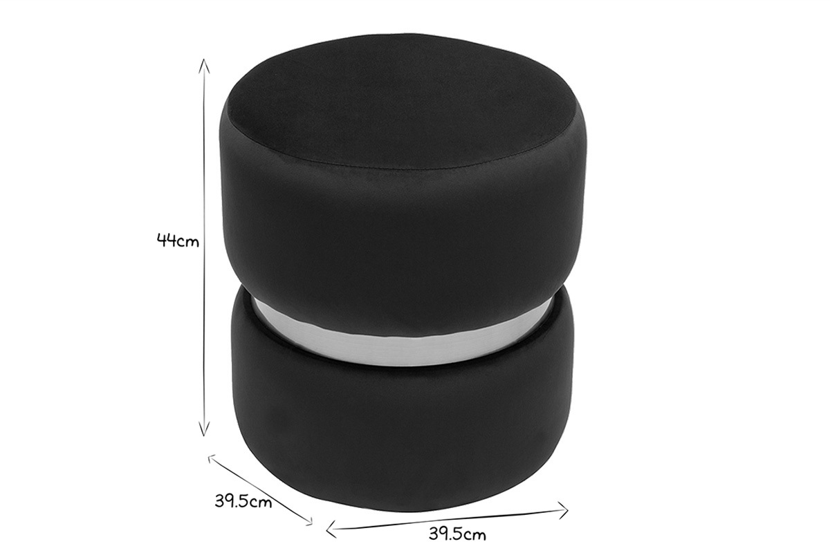 Dimensions du pouf rond en velours noir et blanc, hauteur 44 cm, diam�tre 39,5 cm.
