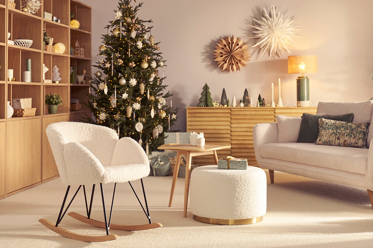 Rocking chair en tissu effet peau de mouton blanc, m�tal noir et bois clair RHAPSODY