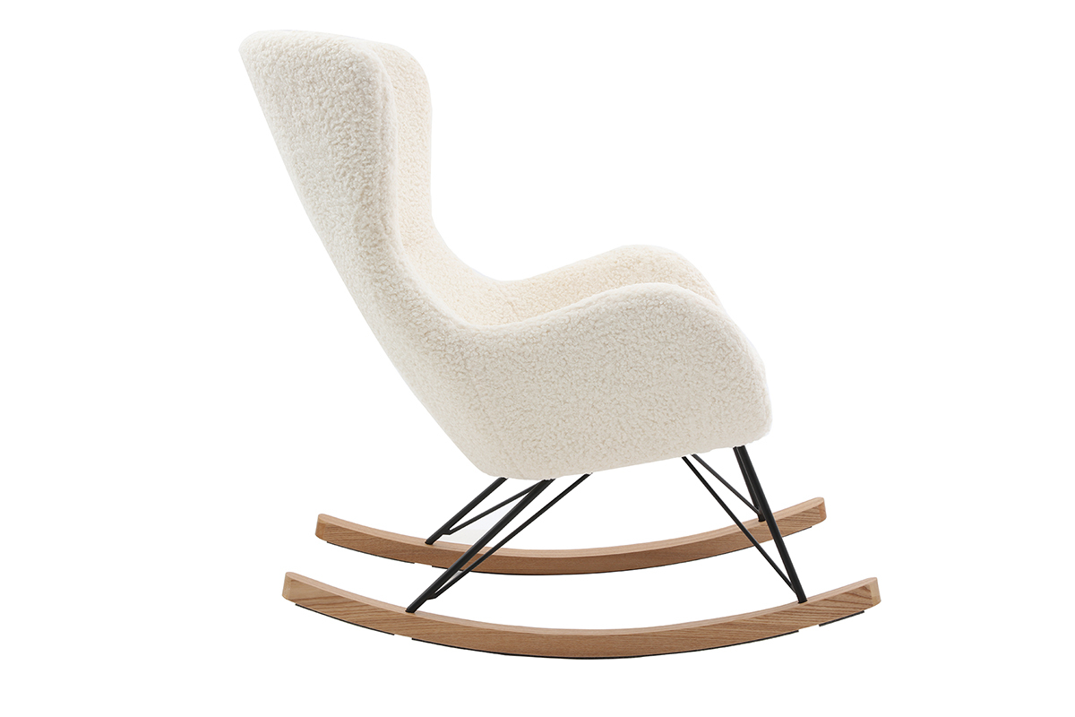 Rocking chair scandinave en tissu effet peau de mouton blanc, m�tal noir et bois clair  ESKUA