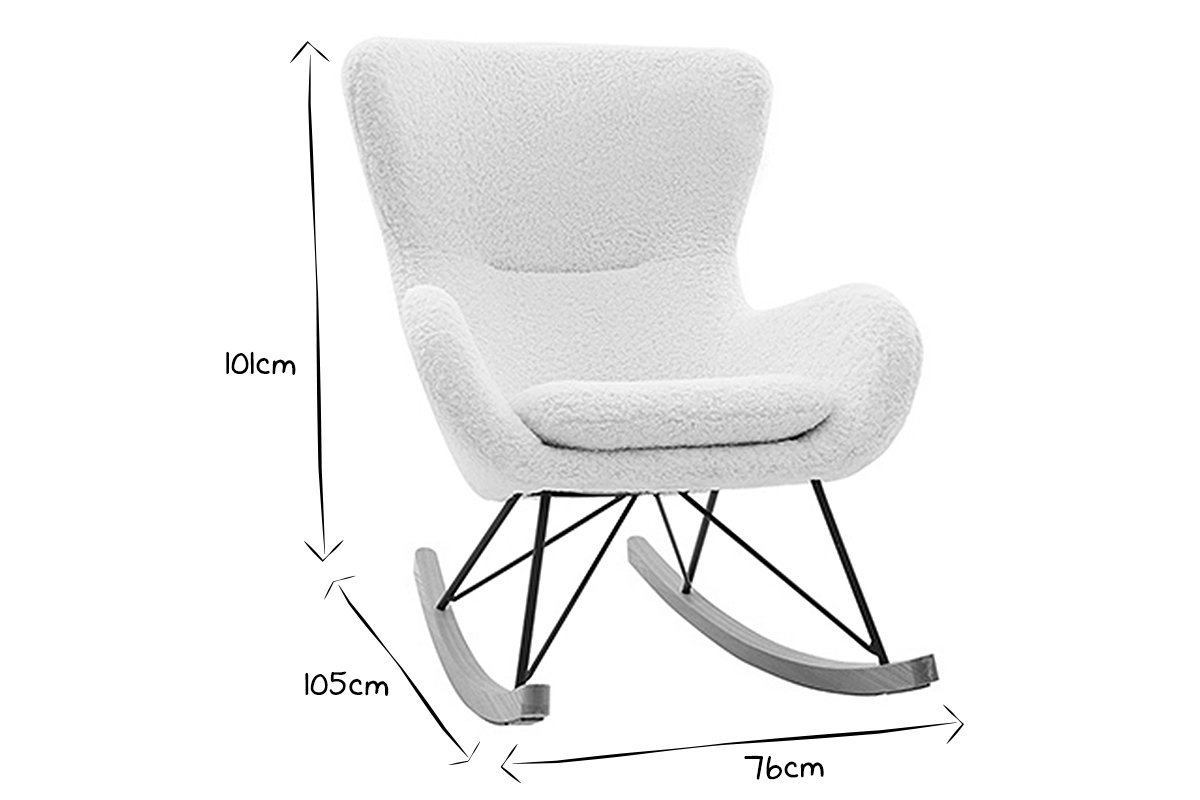 Rocking chair scandinave en tissu effet peau de mouton blanc, m�tal noir et bois clair  ESKUA