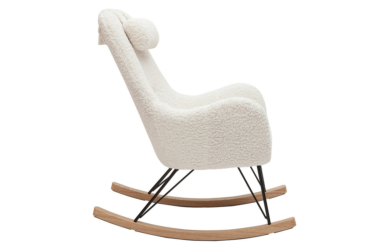 Rocking chair scandinave en tissu effet peau de mouton blanc, m�tal noir et bois clair MANIA