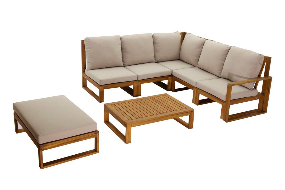 Salon de jardin d'angle 6-8 places en bois massif avec coussins d�houssables taupe SALSA