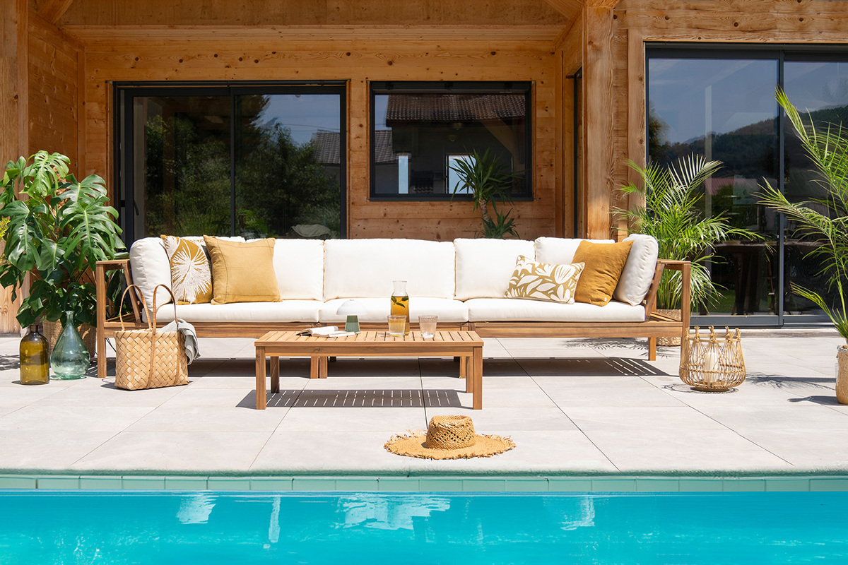 Salon de jardin d'angle 6 places en bois massif avec coussins d�houssables beige naturel BELIZE