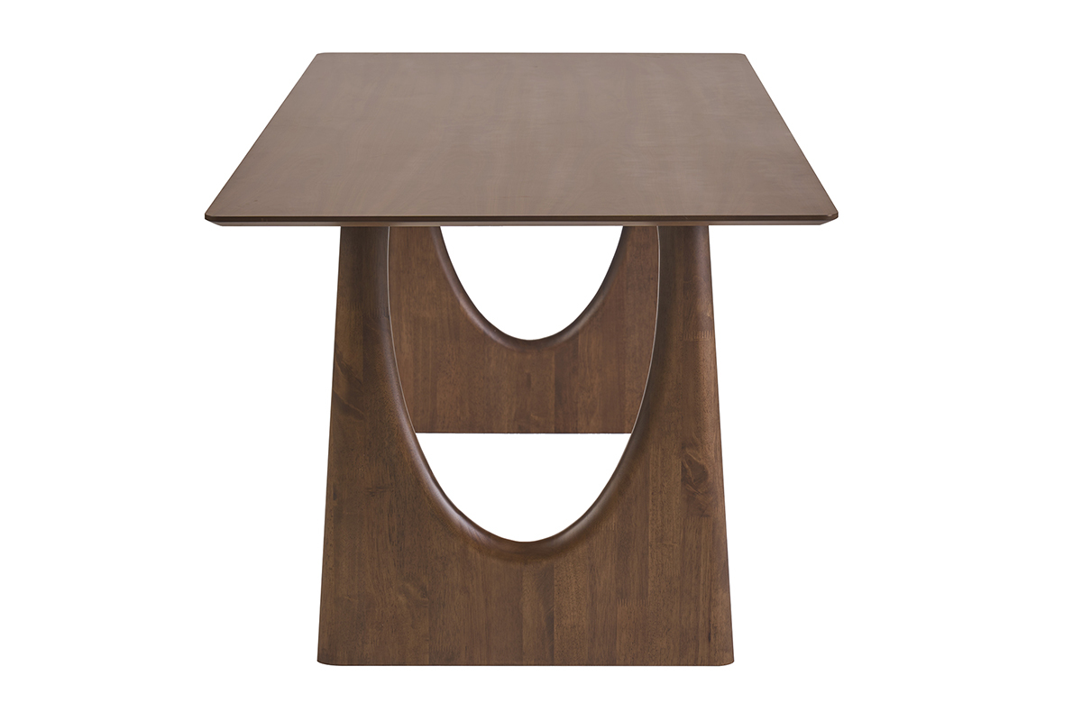 Table � manger rectangulaire en bois fonc� noyer, vue de profil, design moderne avec pieds sculpt�s.
