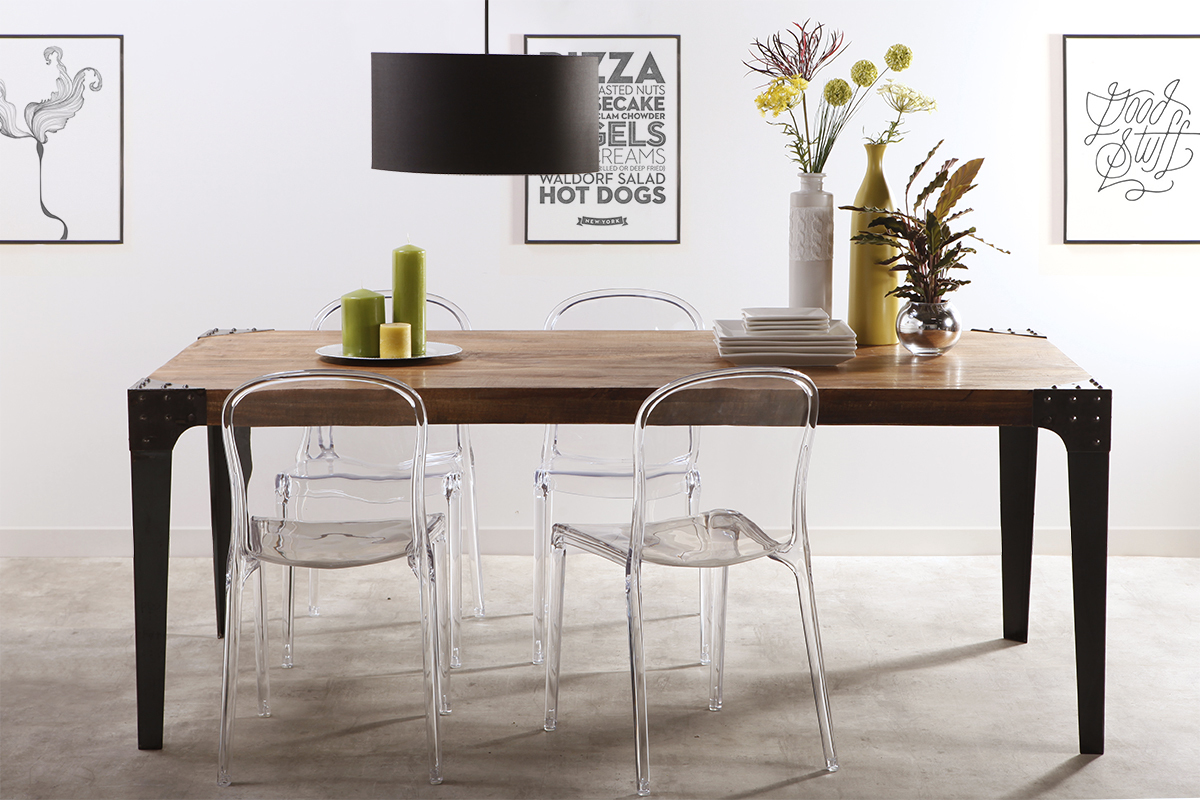 Table � manger industrielle rectangulaire acier et bois manguier massif L200 cm MADISON