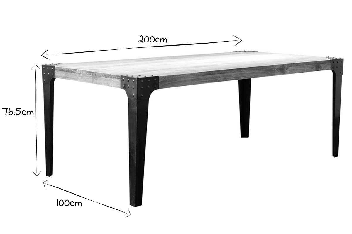 Table � manger industrielle rectangulaire acier et bois manguier massif L200 cm MADISON