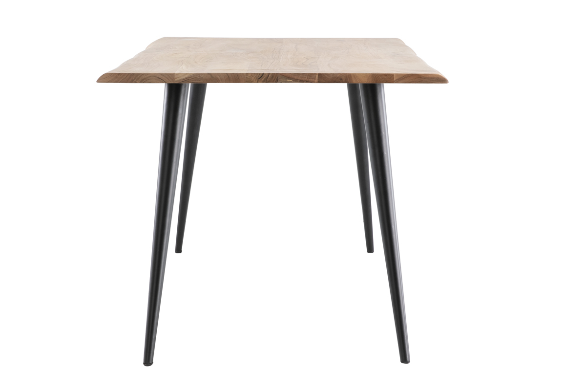 Table � manger rectangulaire en bois massif et m�tal noir, vue de c�t�.