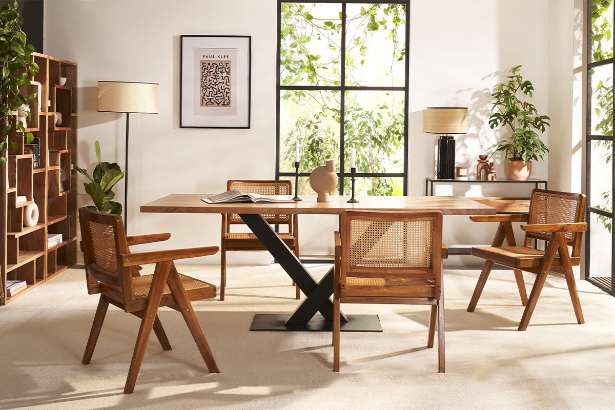 Table � manger rectangulaire industrielle en bois massif et m�tal noir L200 cm VALLEY