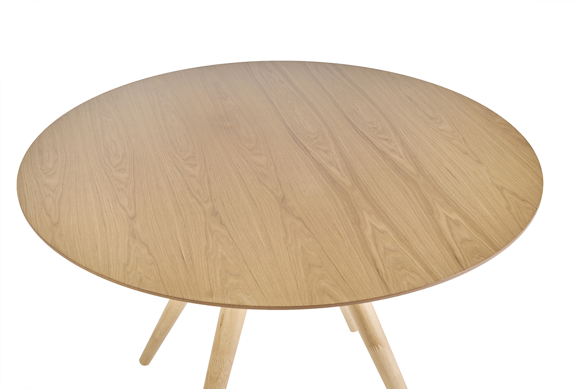 Table � manger ronde design en bois clair fr�ne, vue de dessus.
