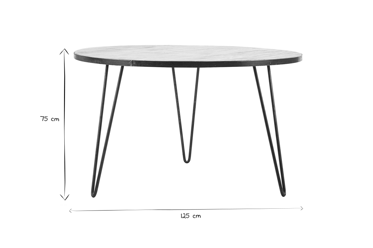 Table ronde industrielle, bois et m�tal, dimensions 125 cm de diam�tre, 75 cm de hauteur, vue de profil.
