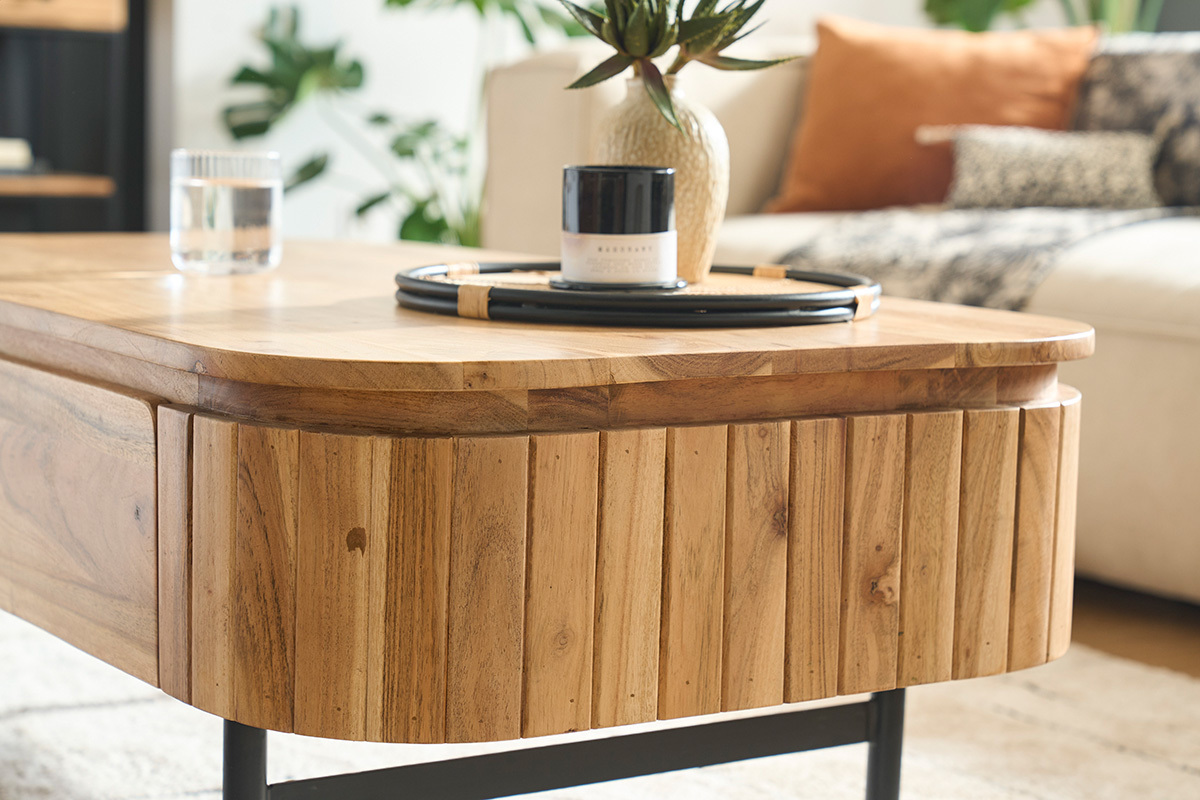 Table basse avec rangements en bois massif et m�tal noir 4 tiroirs L115 cm NAPOLI