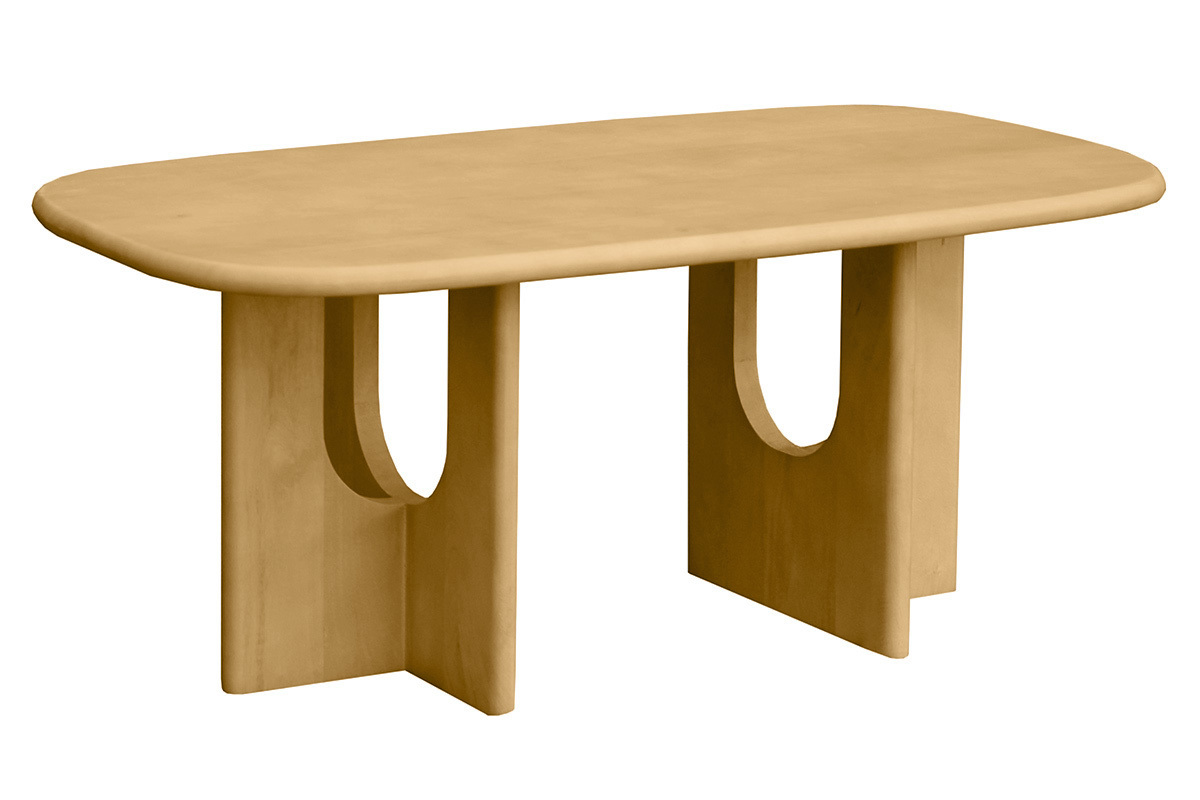 Table basse design en manguier massif, forme rectangulaire avec bords arrondis, vue de 3/4.