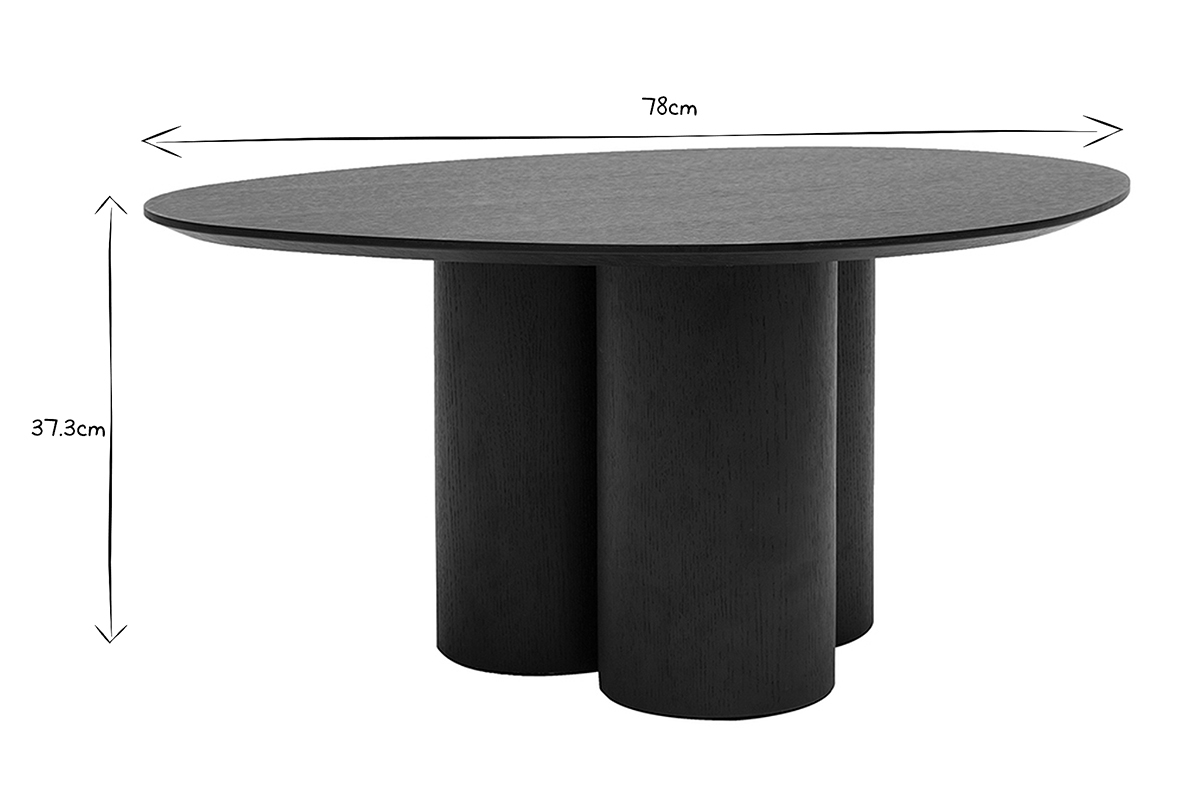 Table basse design bois noir HOLLEN avec dimensions 78x37,3 cm, vue de profil, en noir et blanc.
