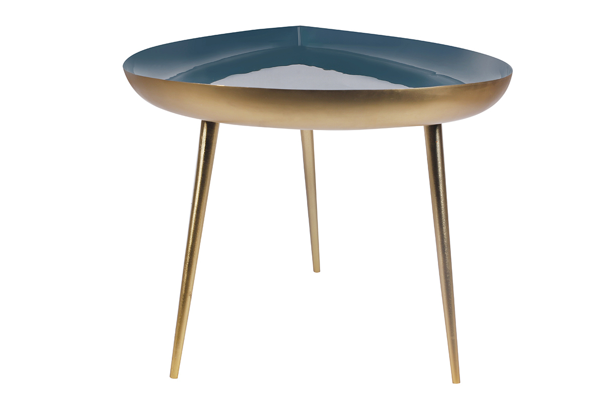 Table basse design en acier laqu� bleu canard et dor� L80 cm DROP