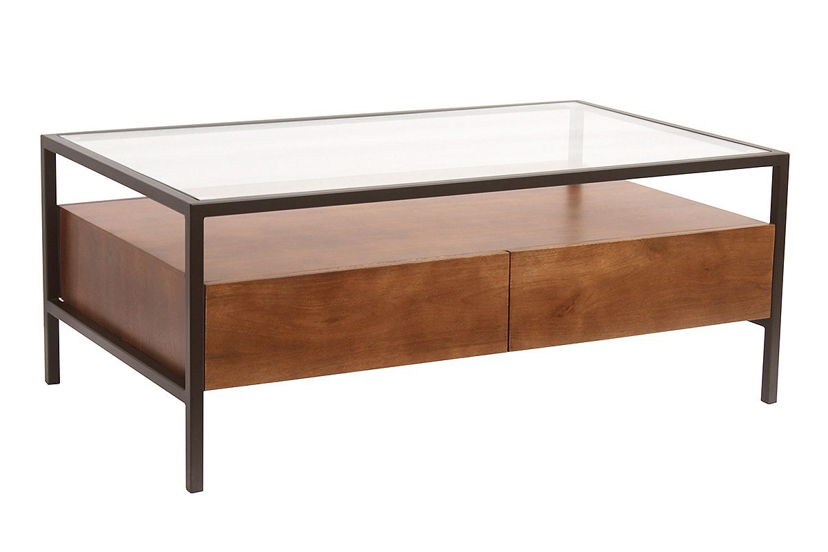 Table basse rectangulaire en manguier massif avec tiroirs, plateau en verre, vue de 3/4