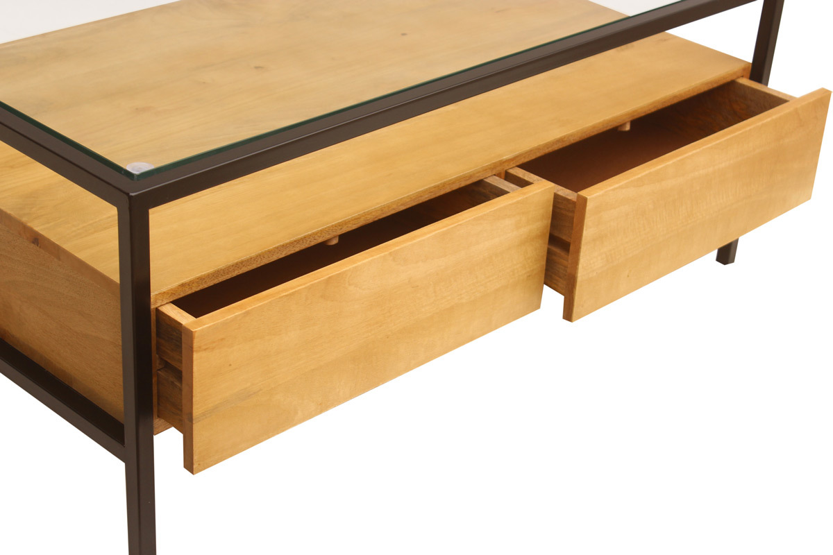Table basse rectangulaire avec rangements en bois manguier massif, verre et m�tal noir L100 cm SITA