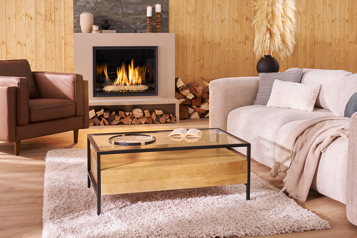 Table basse rectangulaire avec rangements en bois manguier massif, verre et m�tal noir L100 cm SITA