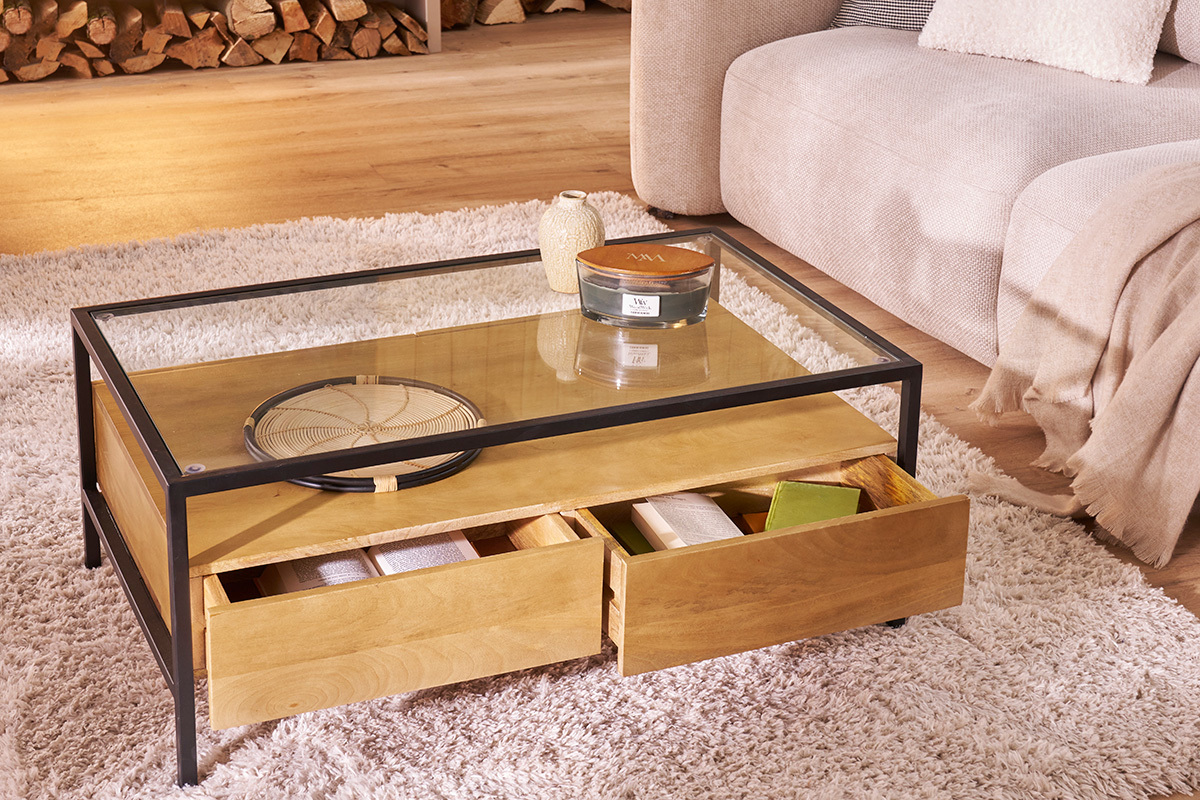 Table basse rectangulaire avec rangements en bois manguier massif, verre et m�tal noir L100 cm SITA