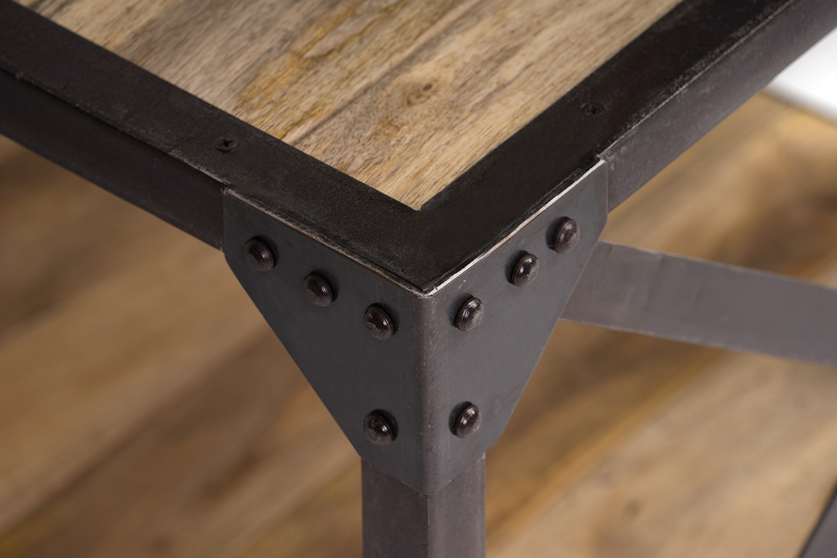 Table basse rectangulaire industrielle bois manguier massif et m�tal noir L90 cm ATELIER