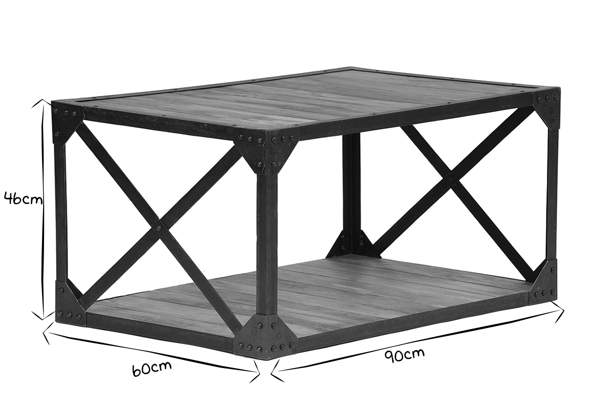 Table basse rectangulaire industrielle bois manguier massif et m�tal noir L90 cm ATELIER
