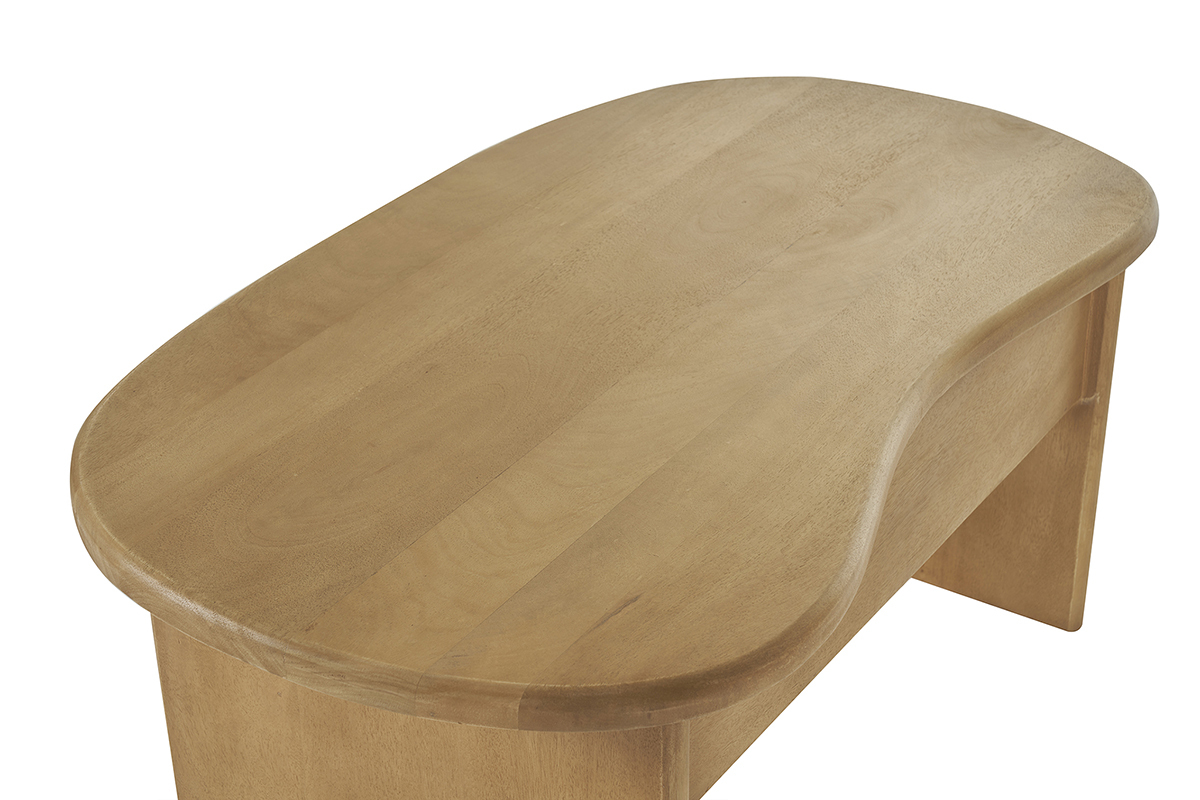 Table basse en bois manguier massif avec design haricot vue de dessus.
