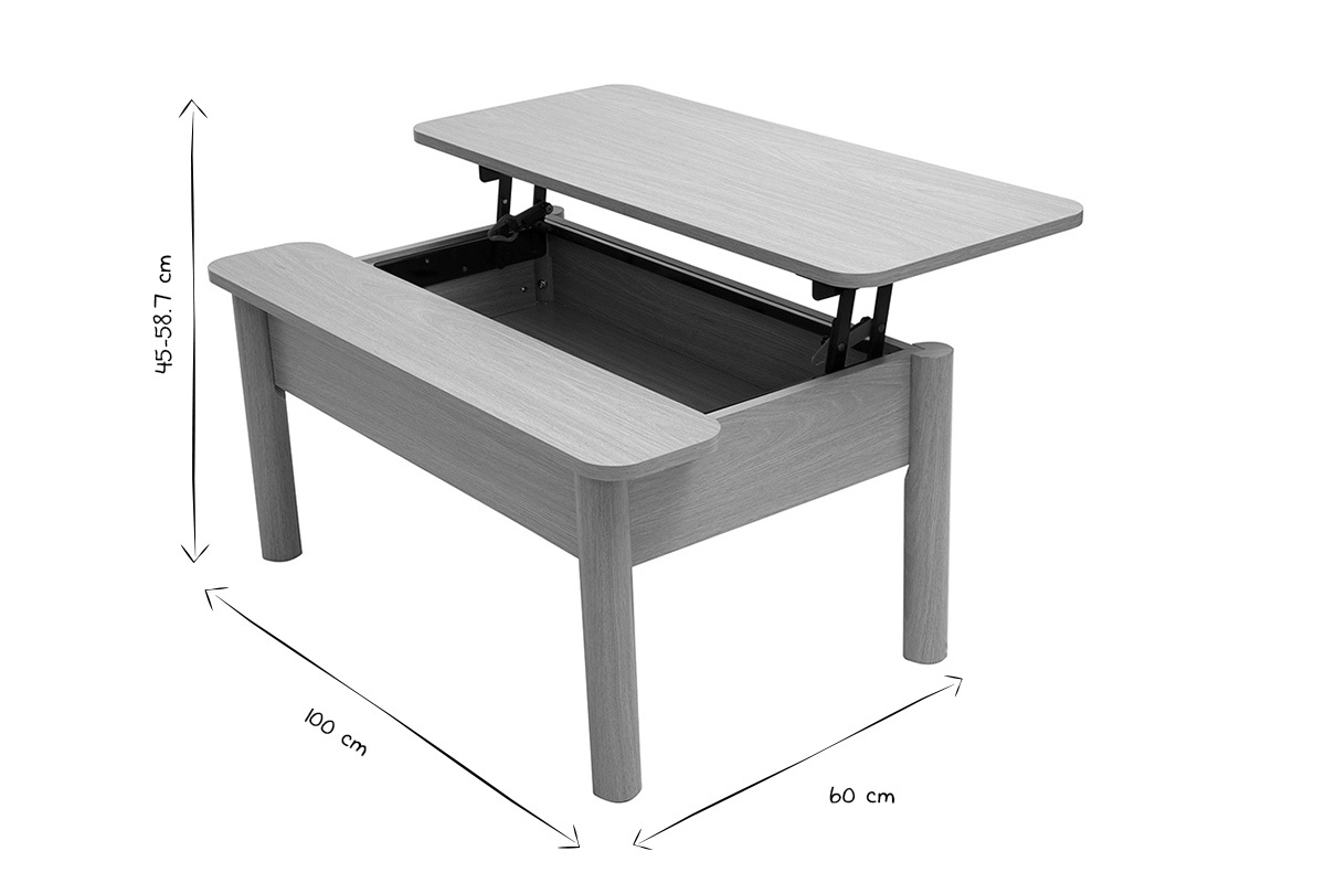 Table basse relevable bois ch�ne L100 cm, r�glable en hauteur avec rangement int�gr�, design moderne.