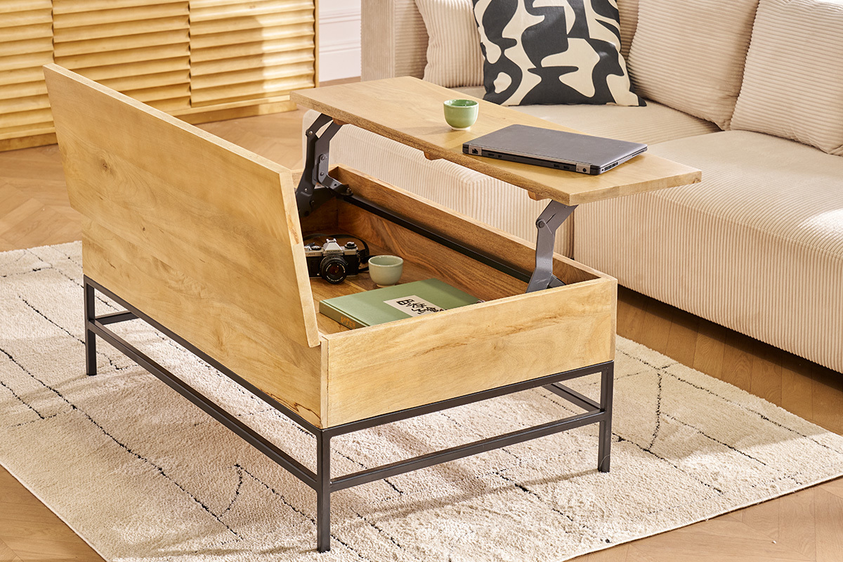 Table basse relevable industrielle bois manguier massif et m�tal noir L110 cm YPSTER