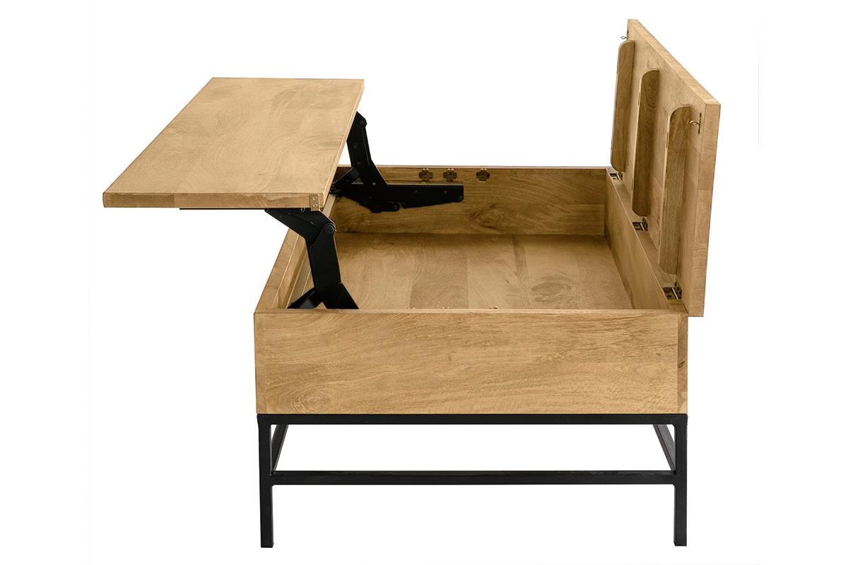 Table basse relevable industrielle bois manguier massif et m�tal noir L110 cm YPSTER