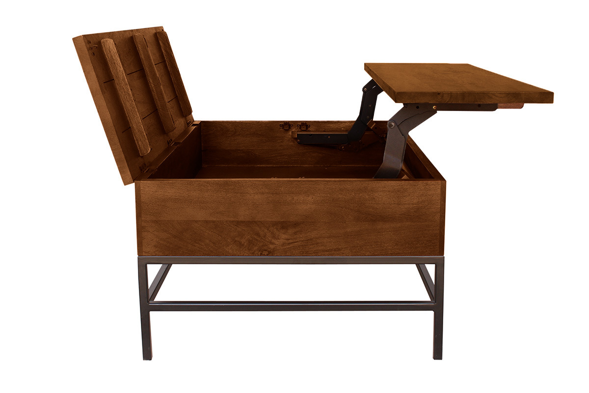 Table basse relevable manguier et m�tal, vue de c�t� avec plateau ouvert.