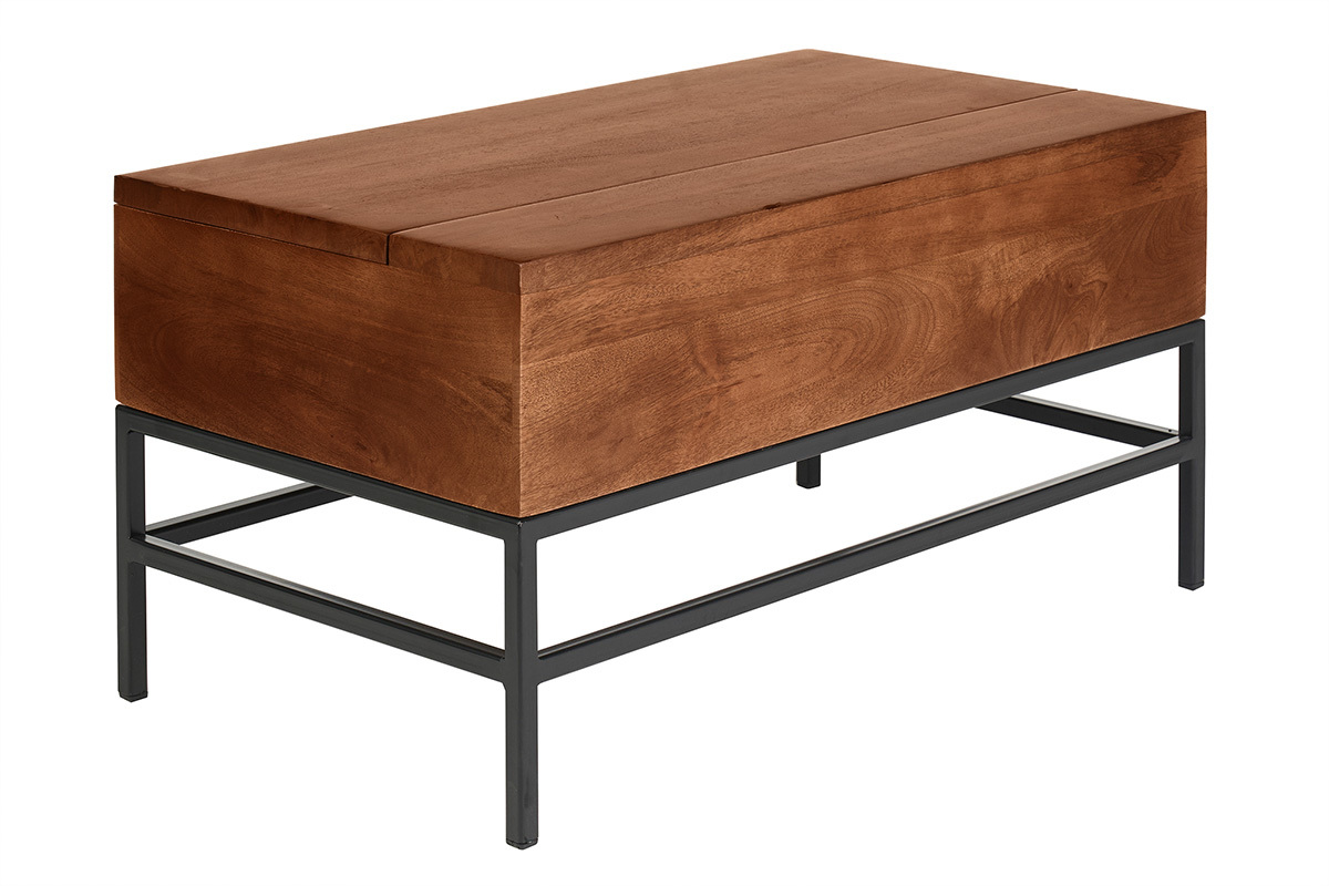 Table basse relevable industrielle bois manguier massif teint� et m�tal noir L90 cm YPSTER