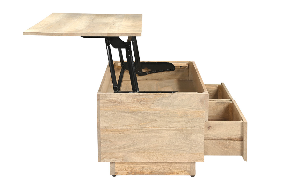 Table basse relevable rectangulaire en bois clair manguier, vue de profil avec tiroirs ouverts