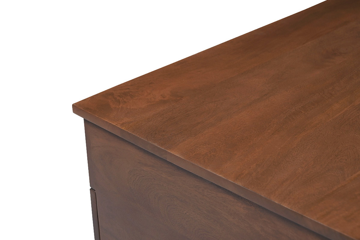 Vue en d�tail du plateau de la table basse relevable NEXO en manguier massif fonc�.
