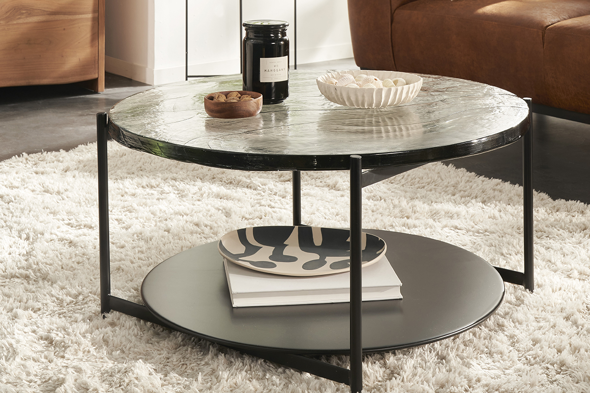 Table basse ronde avec double plateau en verre recycl� et m�tal noir D85 cm WELLE