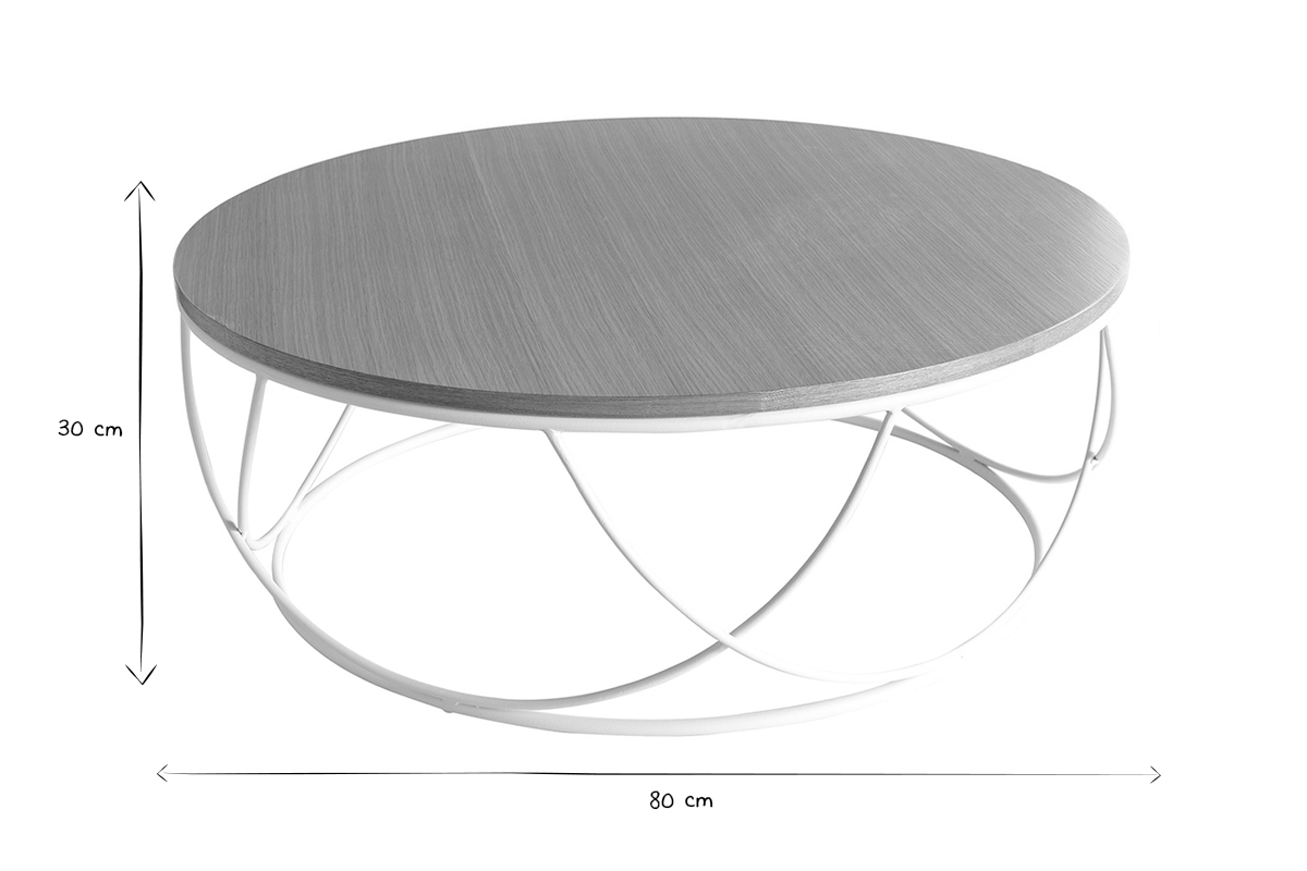 Table basse ronde bois clair ch�ne et m�tal blanc D80 cm LACE