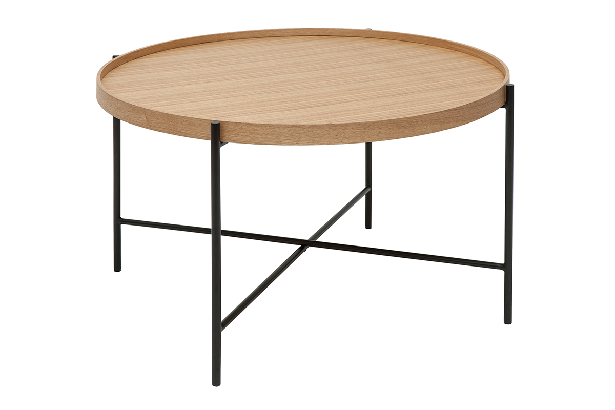 Table basse ronde en bois clair et m�tal noir, vue de haut.