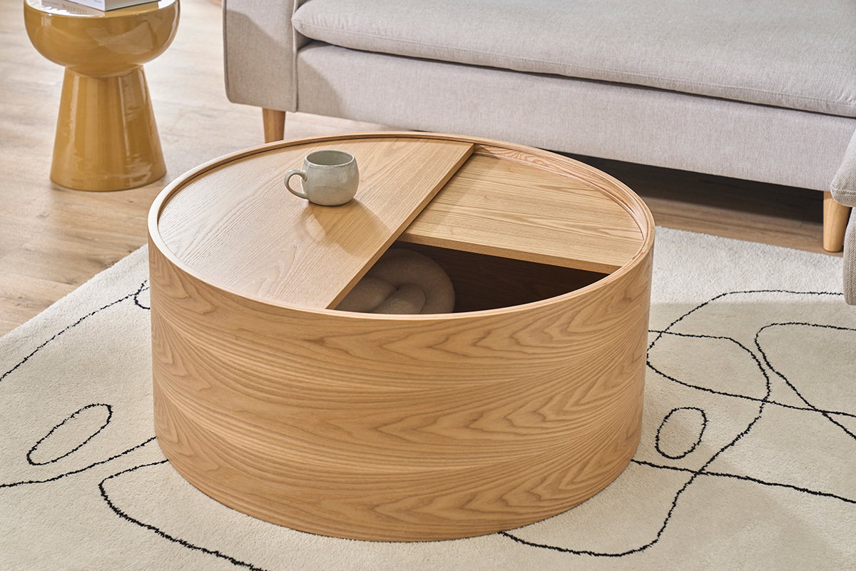 Table basse ronde bois clair fr�ne avec plateau pivotant et rangement D80 cm DALI
