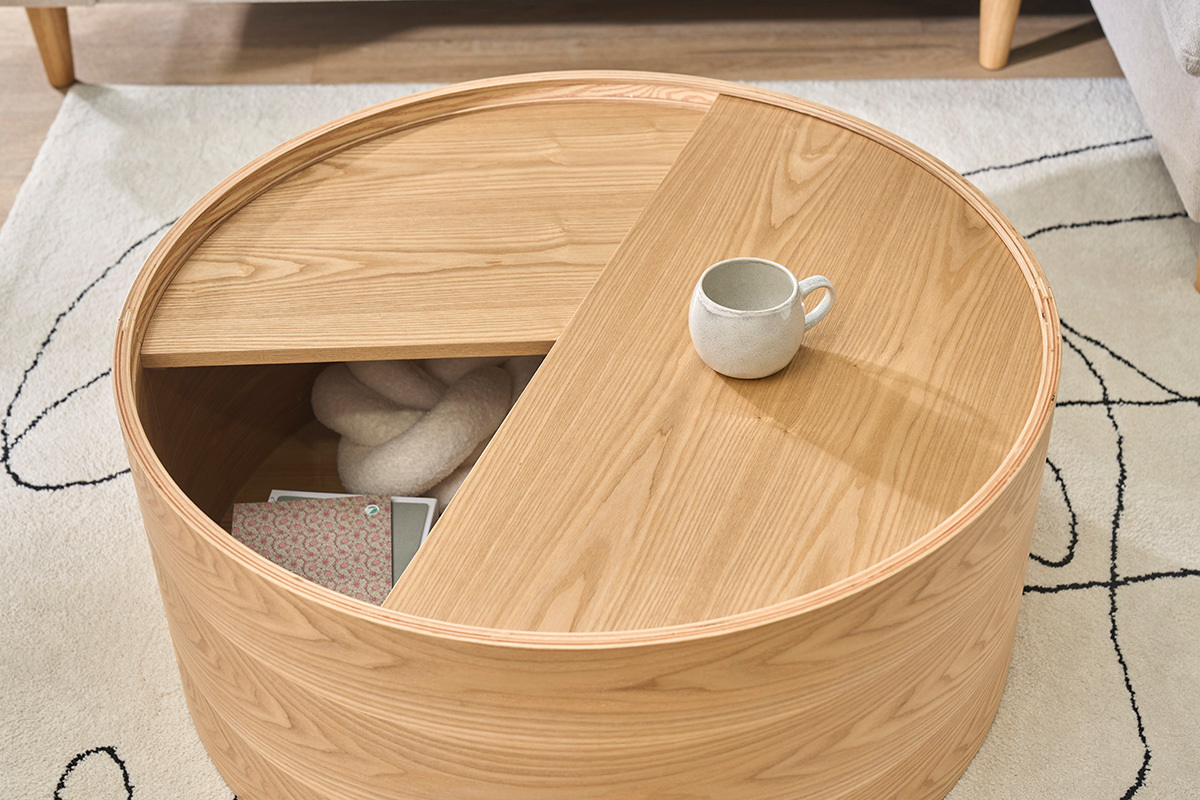 Table basse ronde bois clair fr�ne avec plateau pivotant et rangement D80 cm DALI