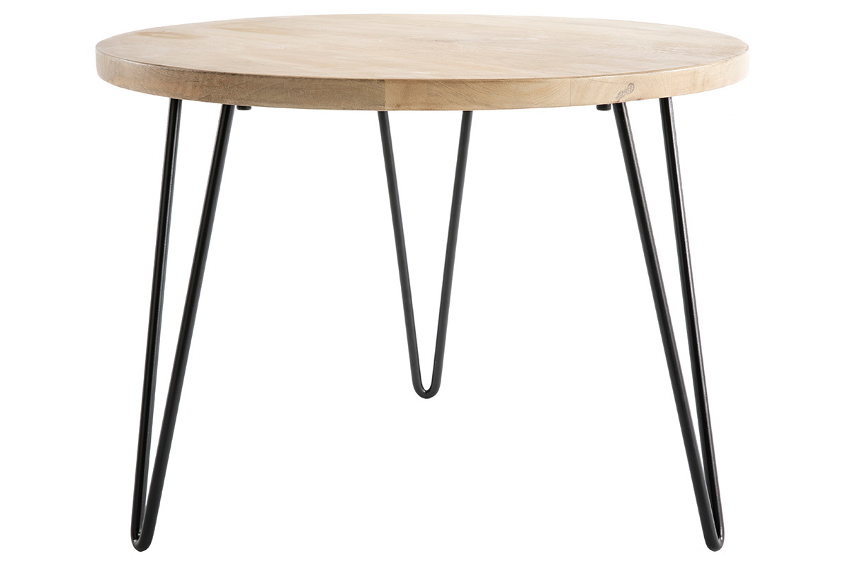 Table basse ronde en bois de manguier, pieds �pingle m�tal noir, vue de face.