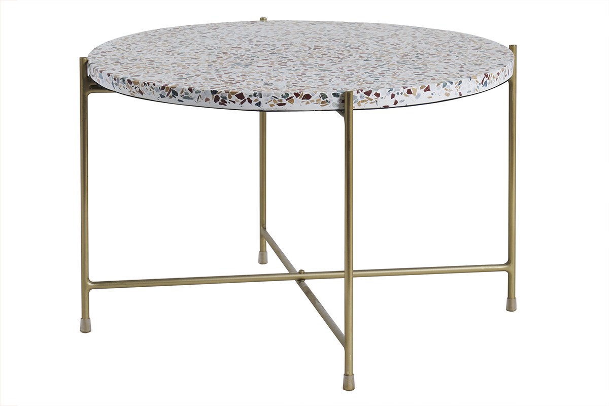 Table basse ronde design en terrazzo et m�tal dor� D55 cm MEZZO