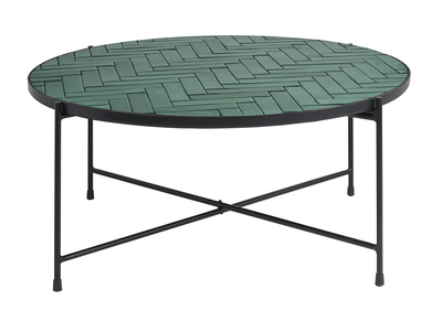 Table basse ronde en c&eacute;ramique vert fonc&eacute; et m&eacute;tal noir D80.5 cm KOTTA