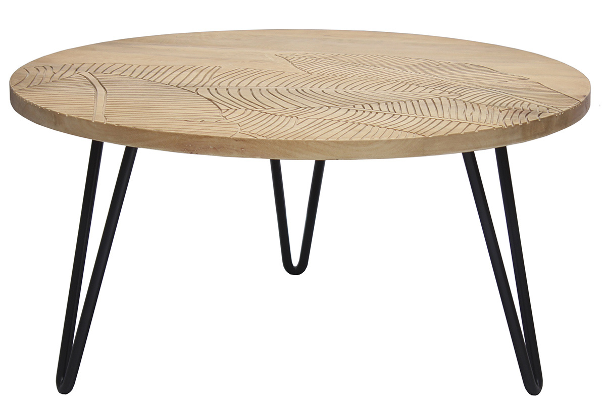Table basse ronde grav�e bois manguier massif et m�tal noir D80 cm VIBES