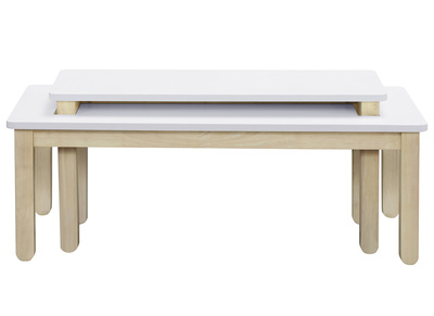 Table basse scandinave avec banc int&eacute;gr&eacute; blanc et bois clair L110 cm CYBEL