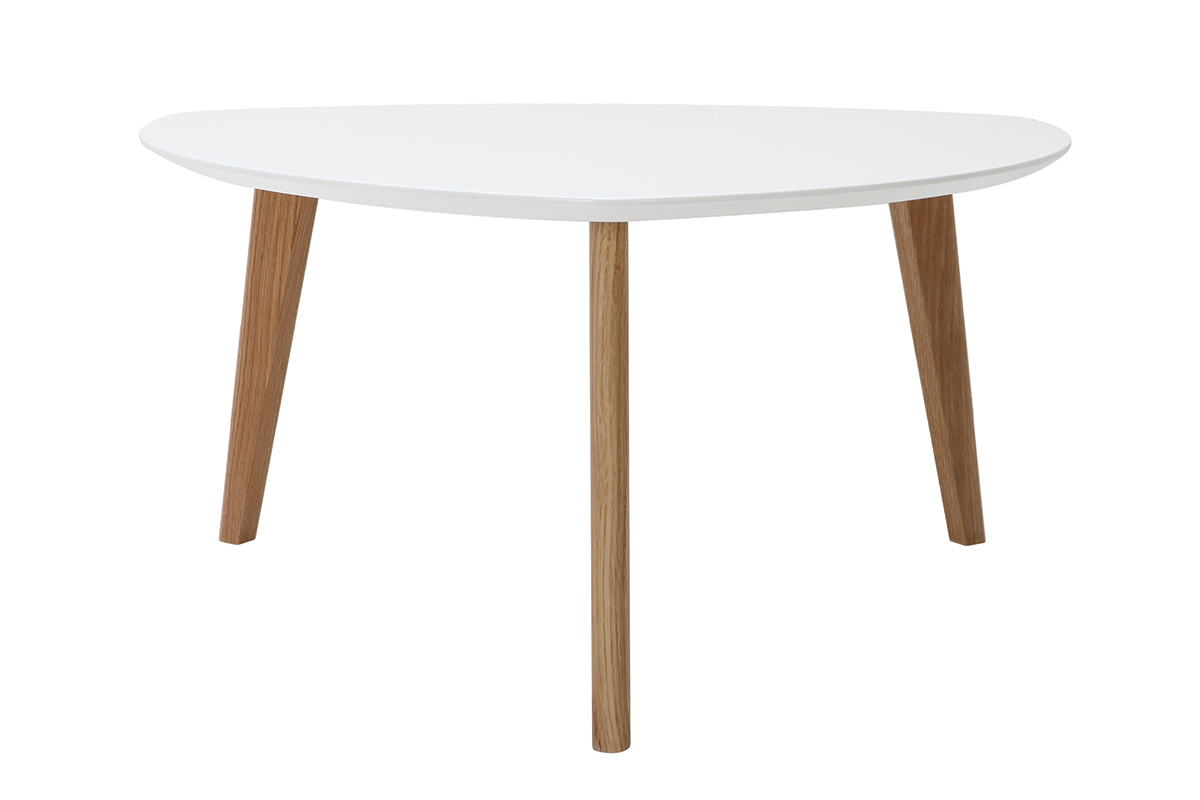 Table basse scandinave blanche et bois clair ch�ne, vue de face, design organique.
