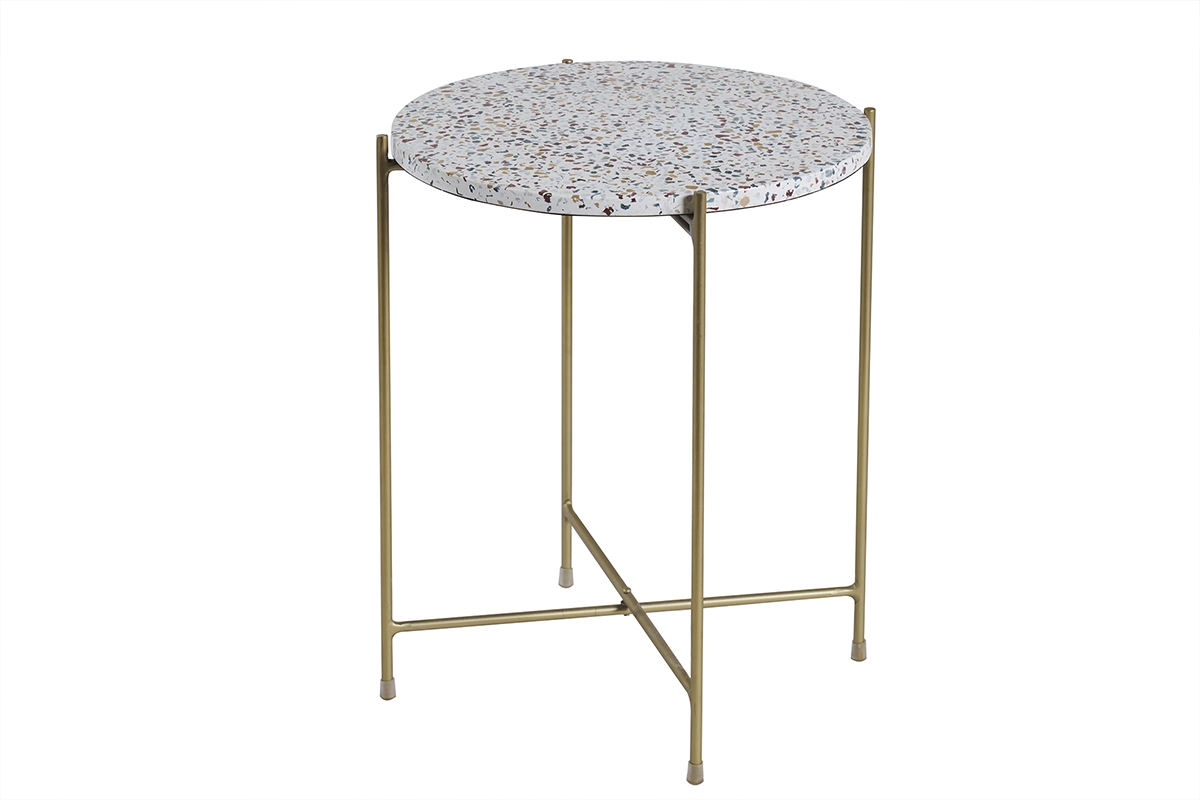 Table d'appoint design ronde en terrazzo et m�tal dor� D40 cm MEZZO