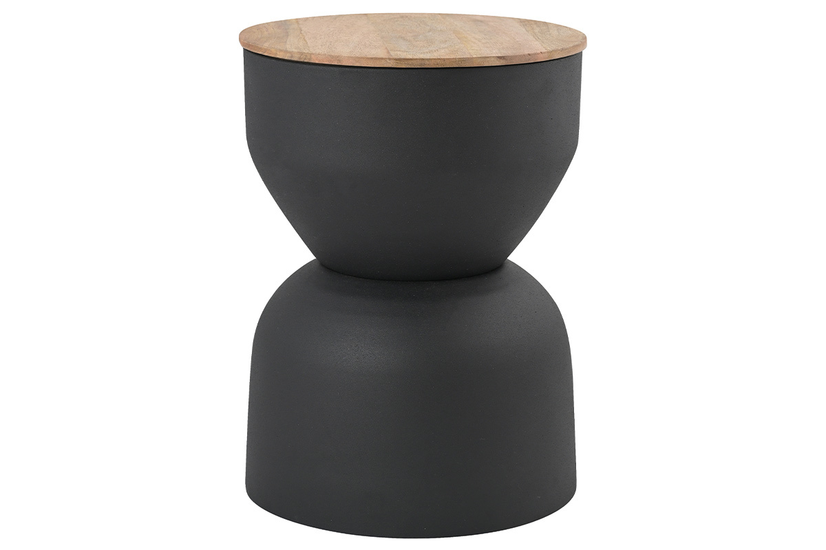 Table d'appoint ronde design avec rangement en m�tal gris anthracite et bois manguier massif D30 cm YOYO