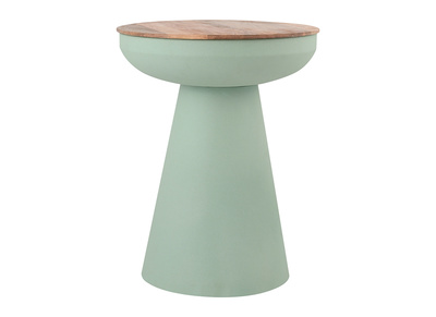 Table d'appoint ronde design avec rangement en m&eacute;tal vert c&eacute;ladon et bois manguier massif H52 cm TAM