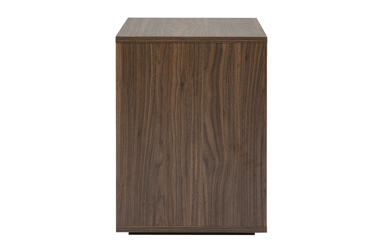Table de chevet LOTHAIRE en finition bois fonc� noyer, vue de profil.